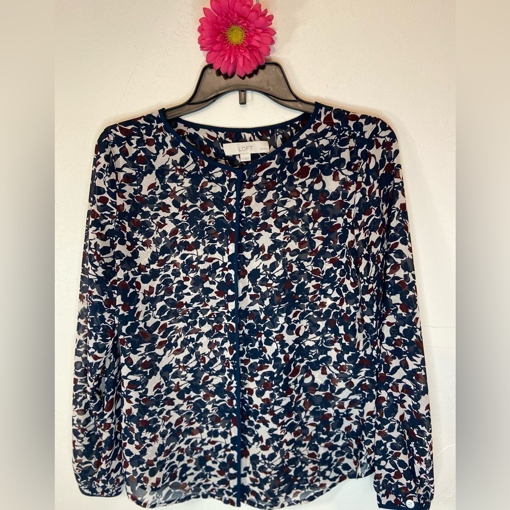 Loft~Sheer Navy/Burgundy Leaf-Patterned Blouse Hidden Button Closure~Size SP